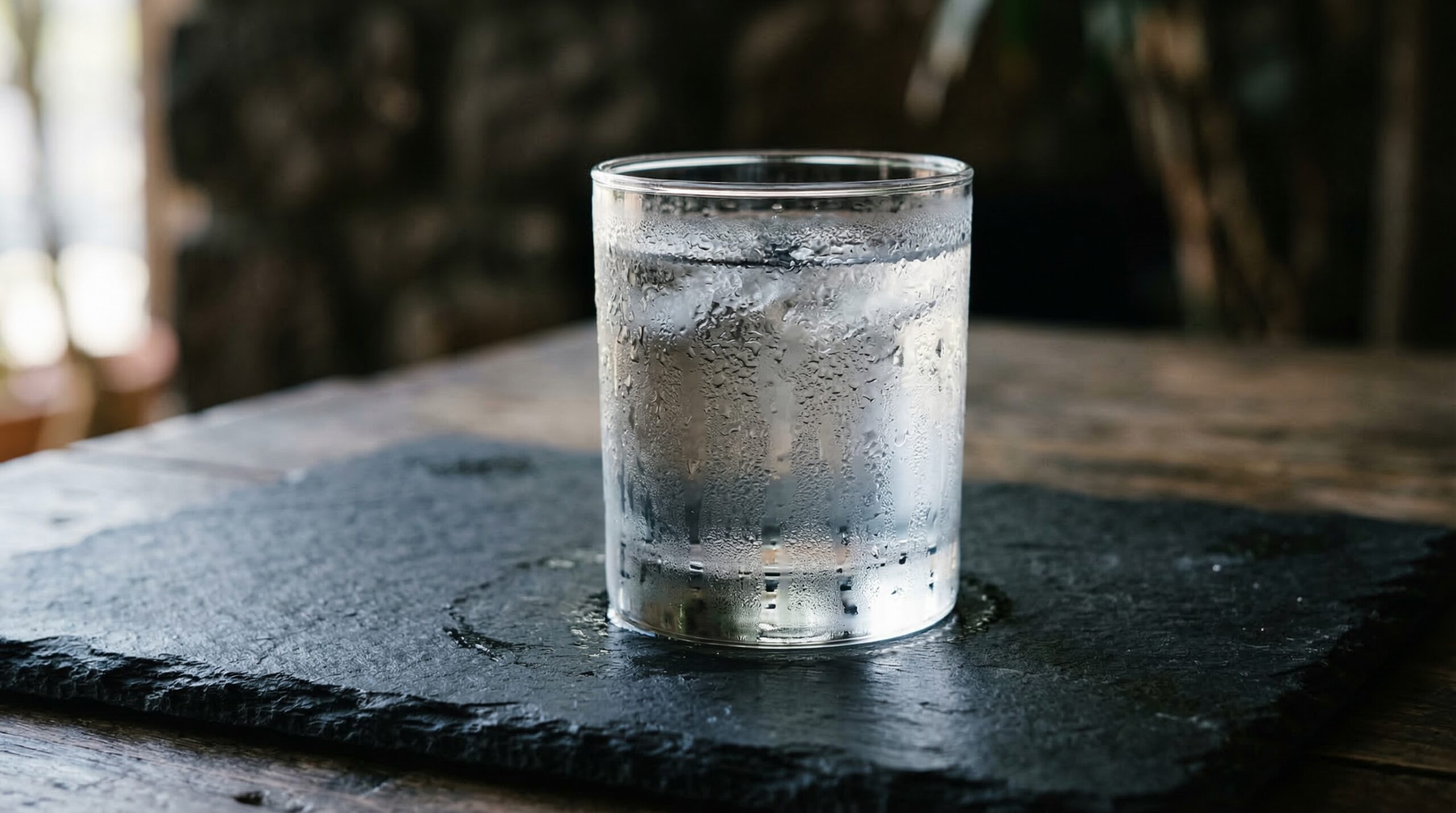 Minimalist glass of water on dark slate with icy condensation, representing simple mindful rituals