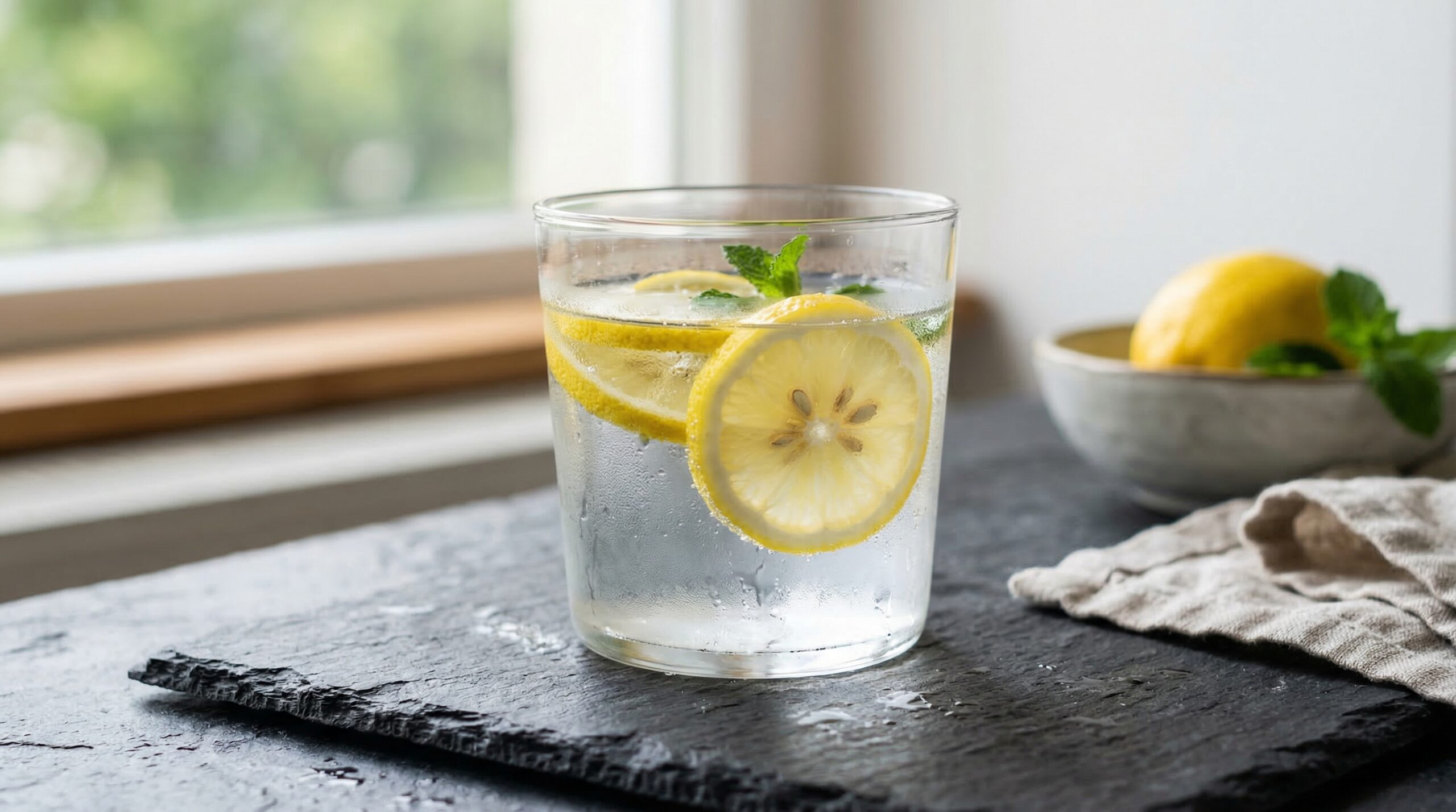 Glass of water with lemon on slate, morning hydration ritual