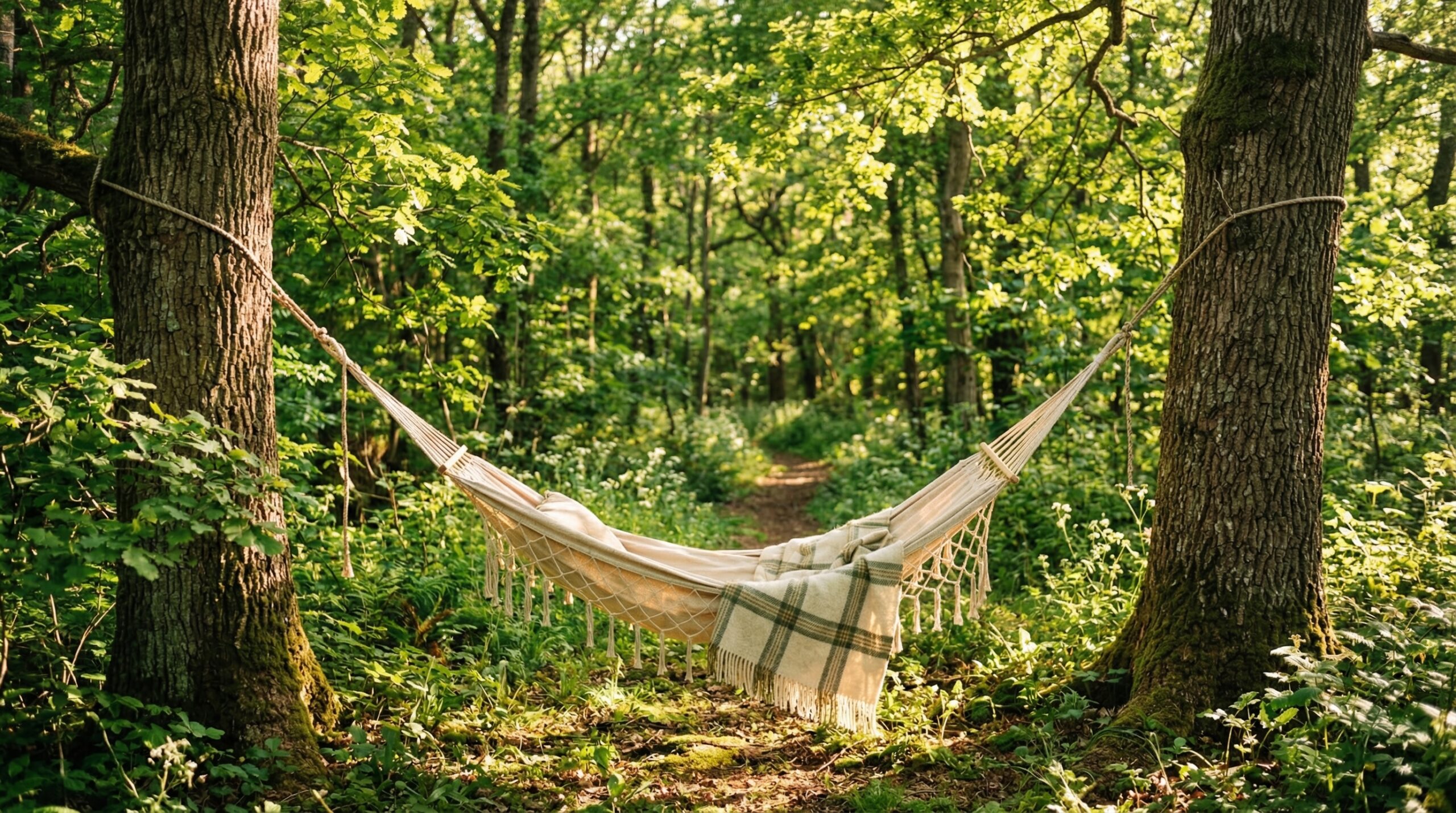 Peaceful hammock in sunlit forest for intentional rest