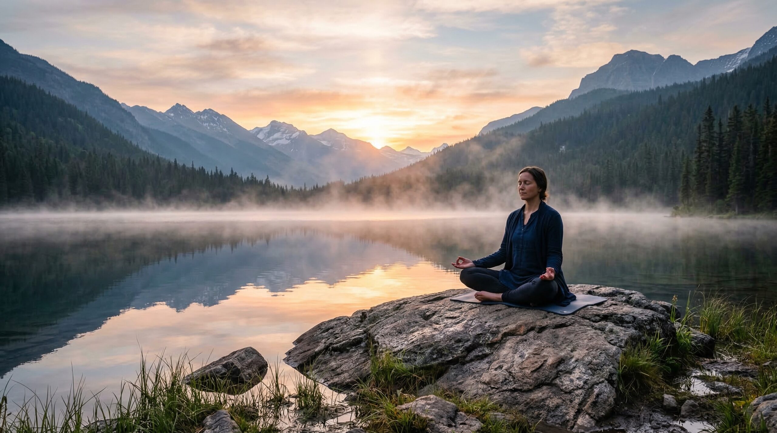 Person meditating by peaceful lake at golden sunrise