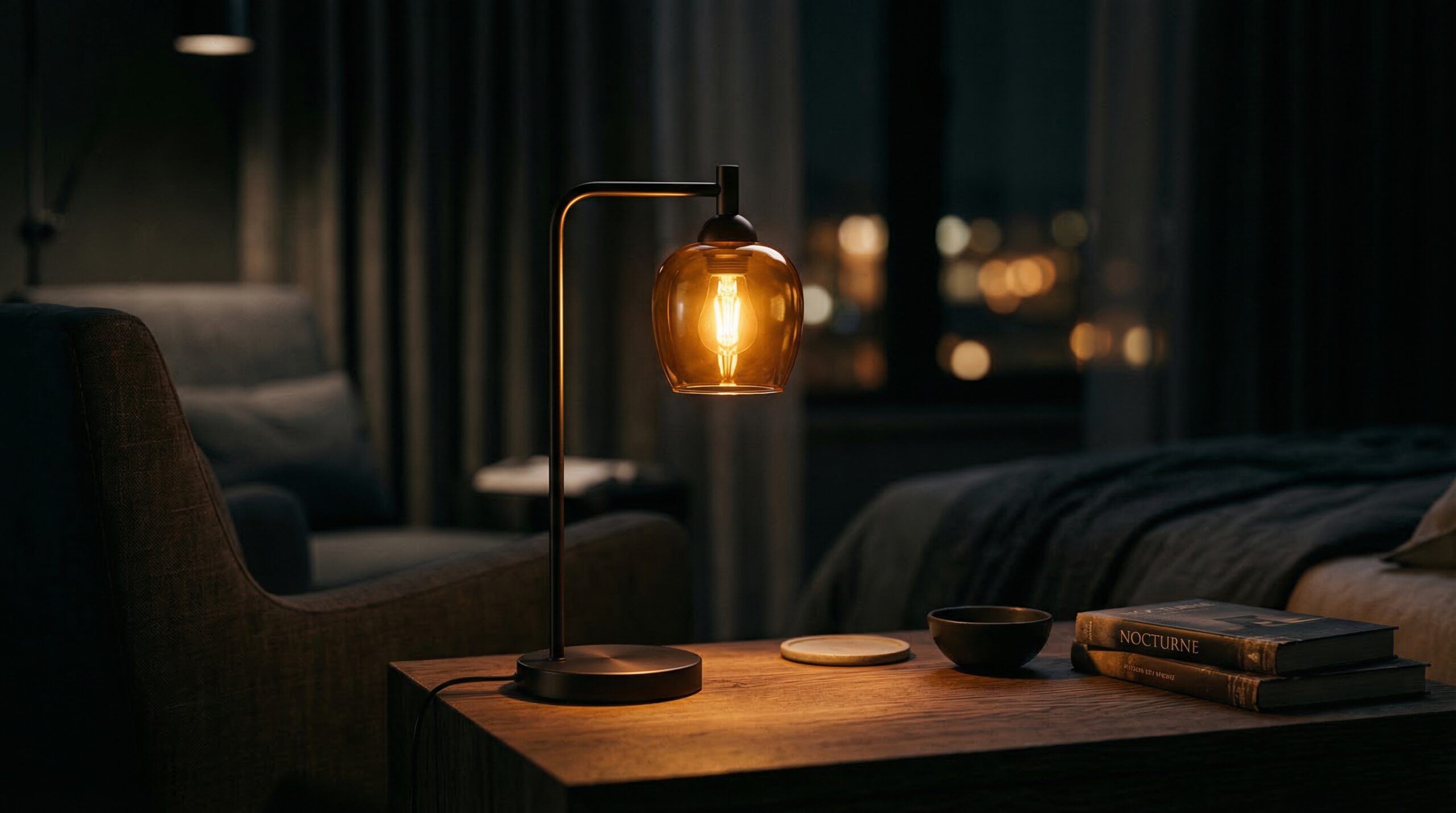 Warm amber lighting in bedroom with no blue light after 9pm for circadian rhythm