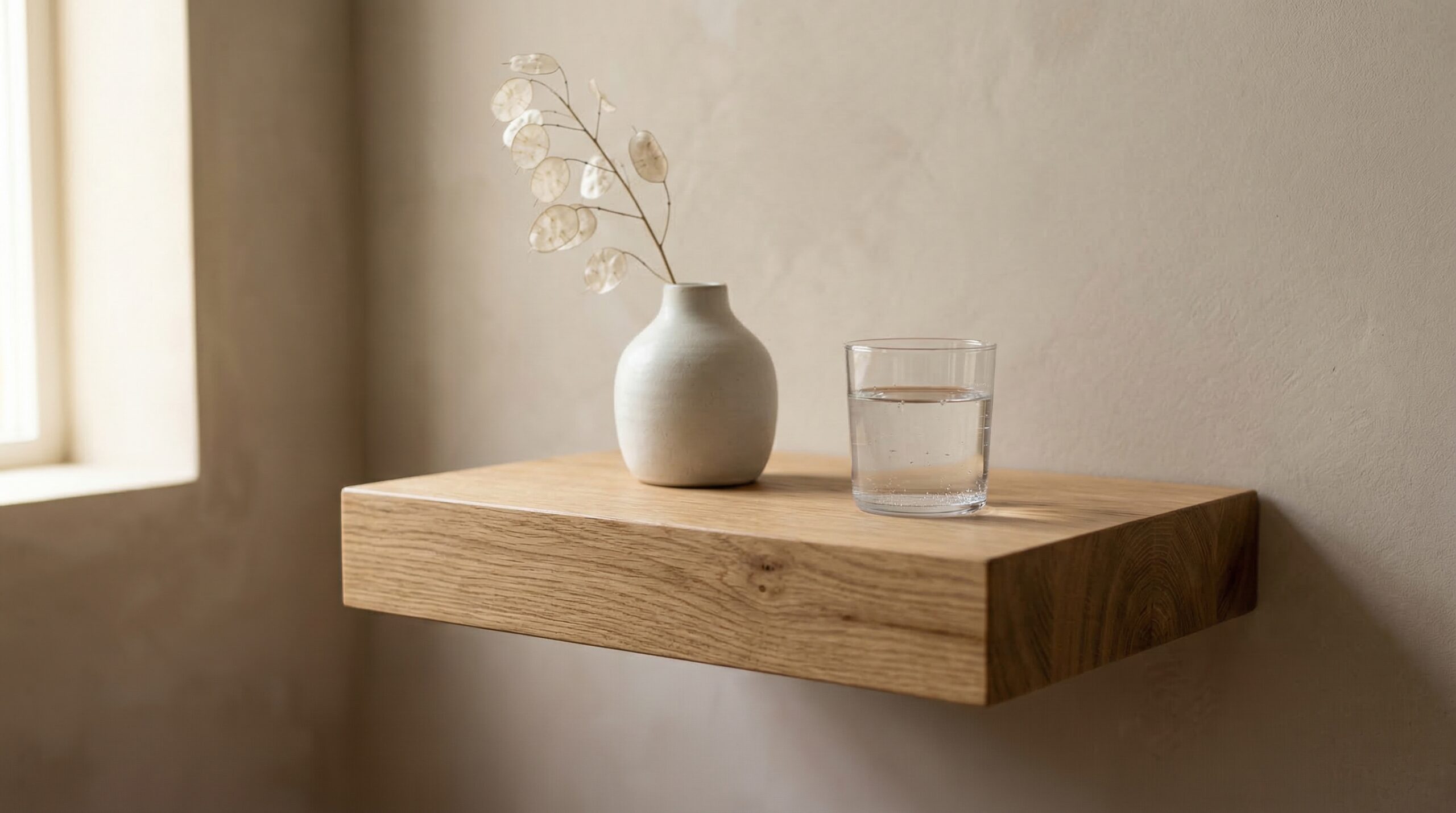 Minimalist bedroom with clear surfaces and decluttered space promoting visual silence