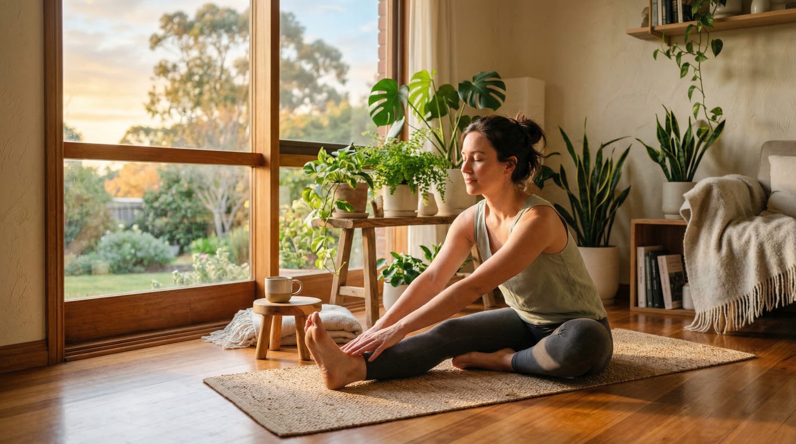 Person doing gentle morning stretches by window with sunrise light