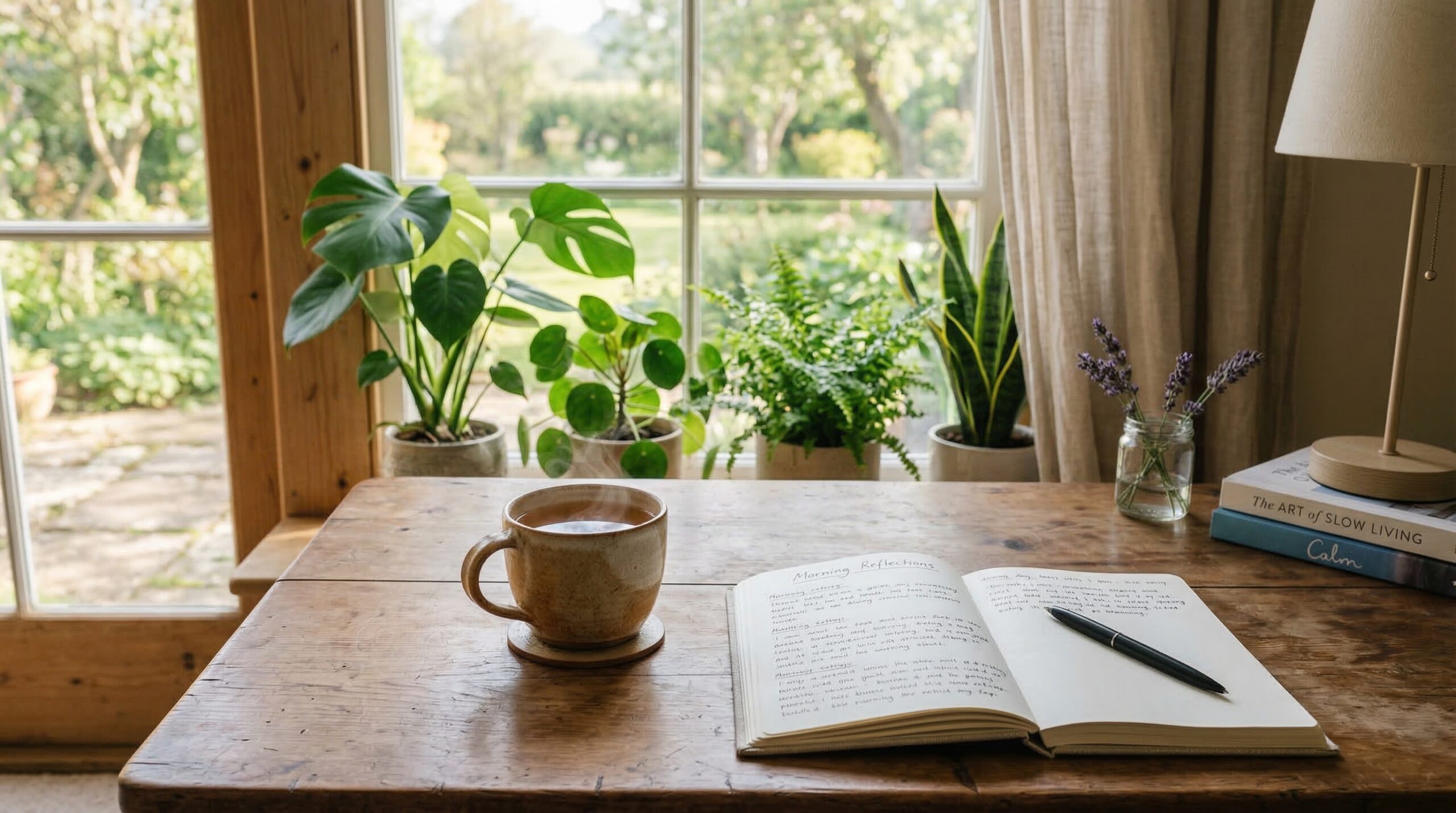 Morning tea and journal by window creating balanced daily routine