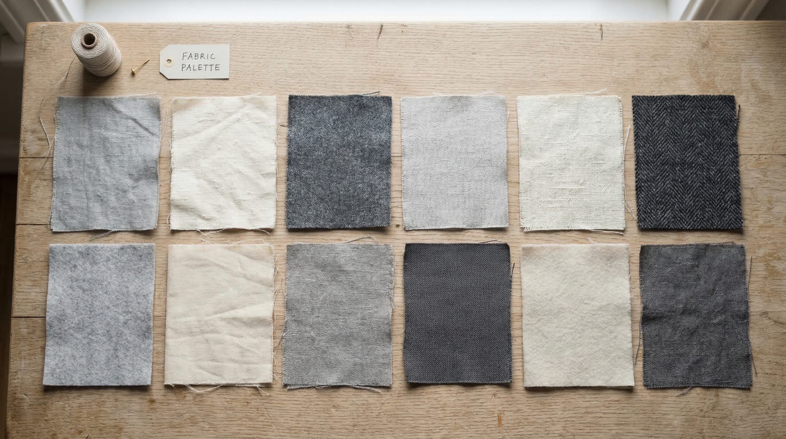 Neutral bedroom palette with ice white, taupe and soft charcoal colors creating calm atmosphere