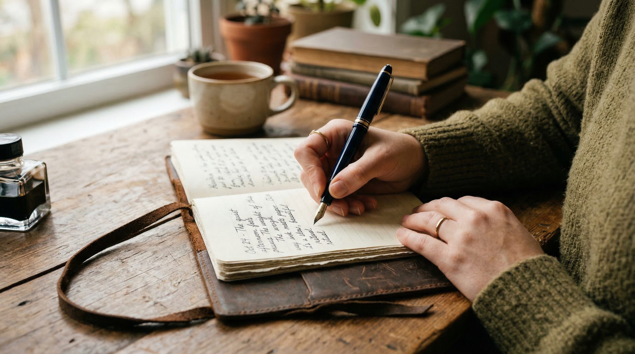 Person writing in a journal with a pen, analog and tactile experience