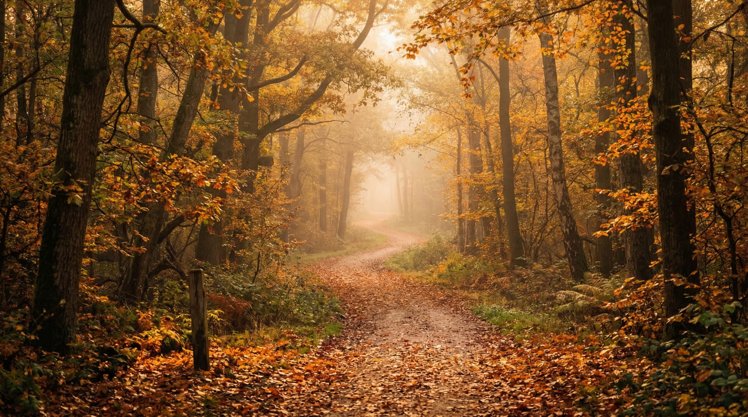 Misty forest path in autumn representing life's evolution