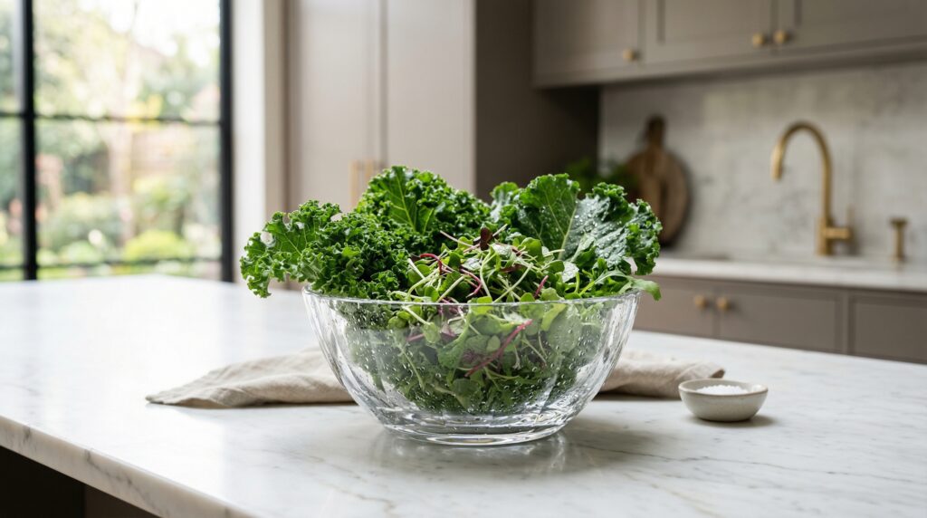 a crystal glass bowl filled with fresh vibrant green kale and microgreens