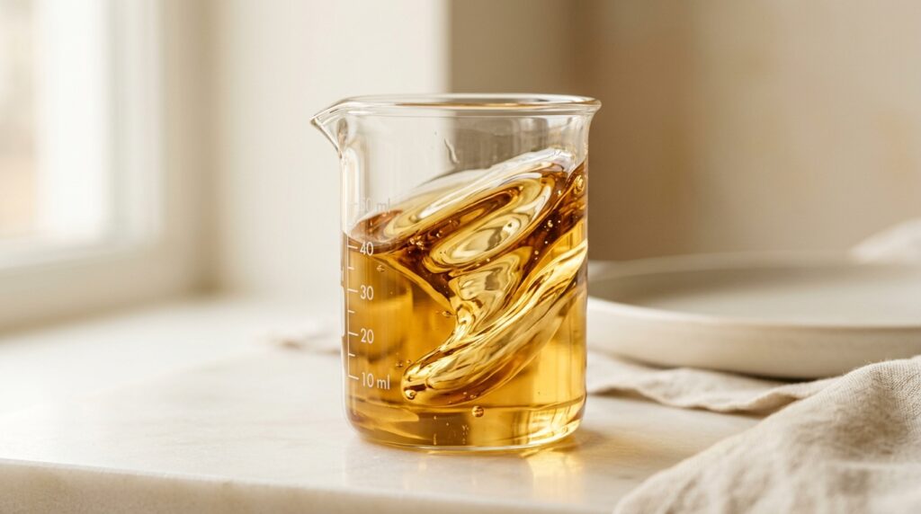 golden liquid oil swirling in a glass laboratory beaker, soft morning light hitting the surface