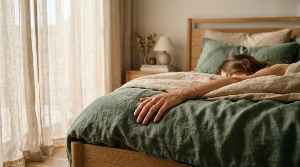 Minimalist bedroom with warm sunlight for jetlag recovery morning routine