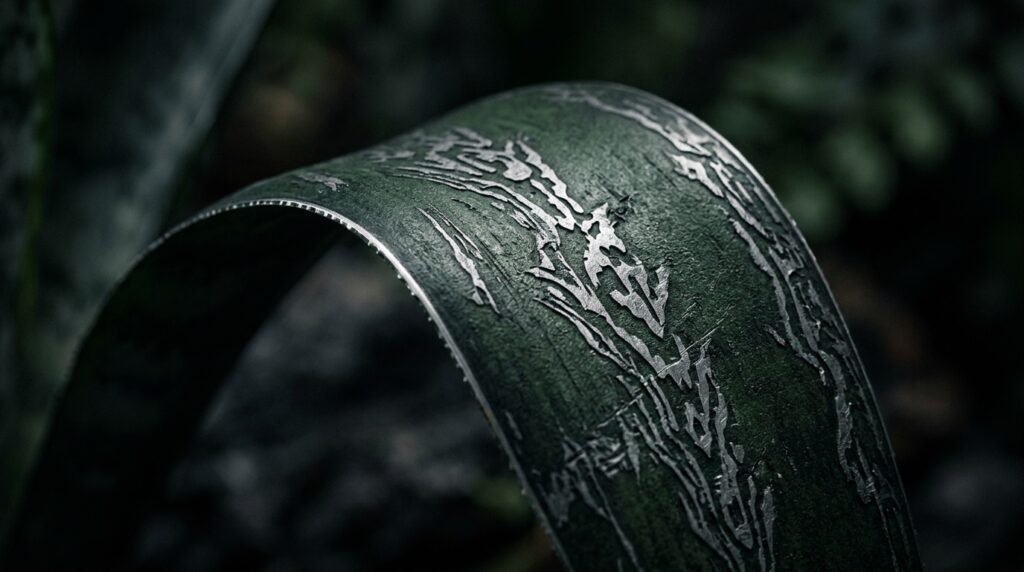 The leaf looks like green architectural steel with silver patterns