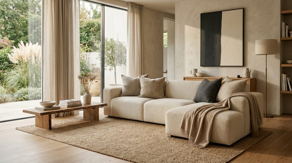 living room, focus on a plush cream wool sofa with oversized linen pillows, a soft cashmere throw, warm diffused natural light