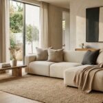 living room, focus on a plush cream wool sofa with oversized linen pillows, a soft cashmere throw, warm diffused natural light