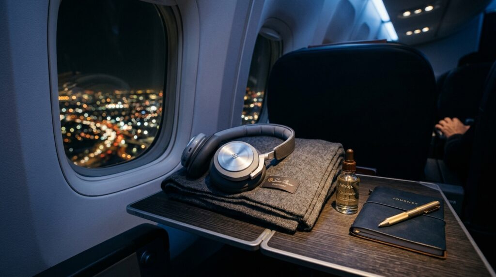 airplane tray table, a pair of premium silver noise-canceling headphones, a folded gray cashmere blanket